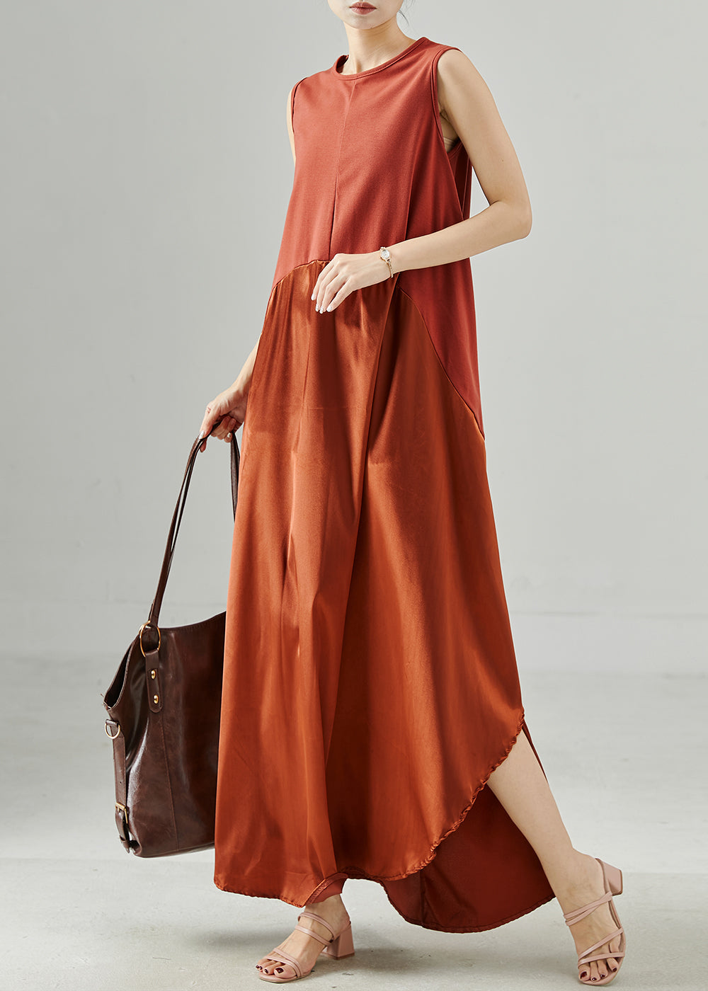 Stylish Orange Oversized Patchwork Silk Vacation Dresses Sleeveless