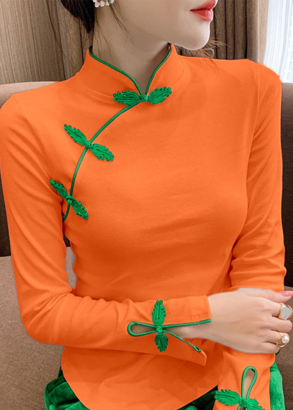 Stylish Orange Stand Collar Embroideried Asymmetrical Button Cotton Shirt Bottoming Shirt