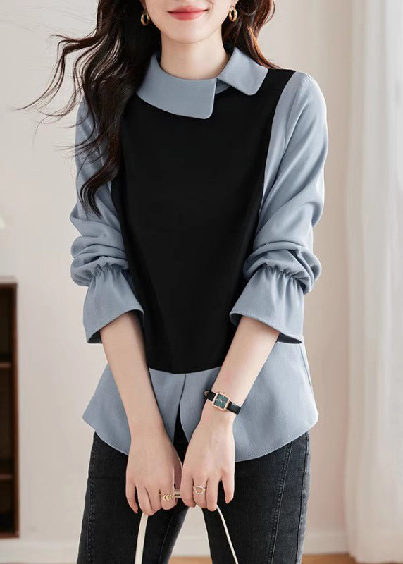 Stylish Photo Color Asymmetrical Patchwork False Two Pieces Shirts Spring