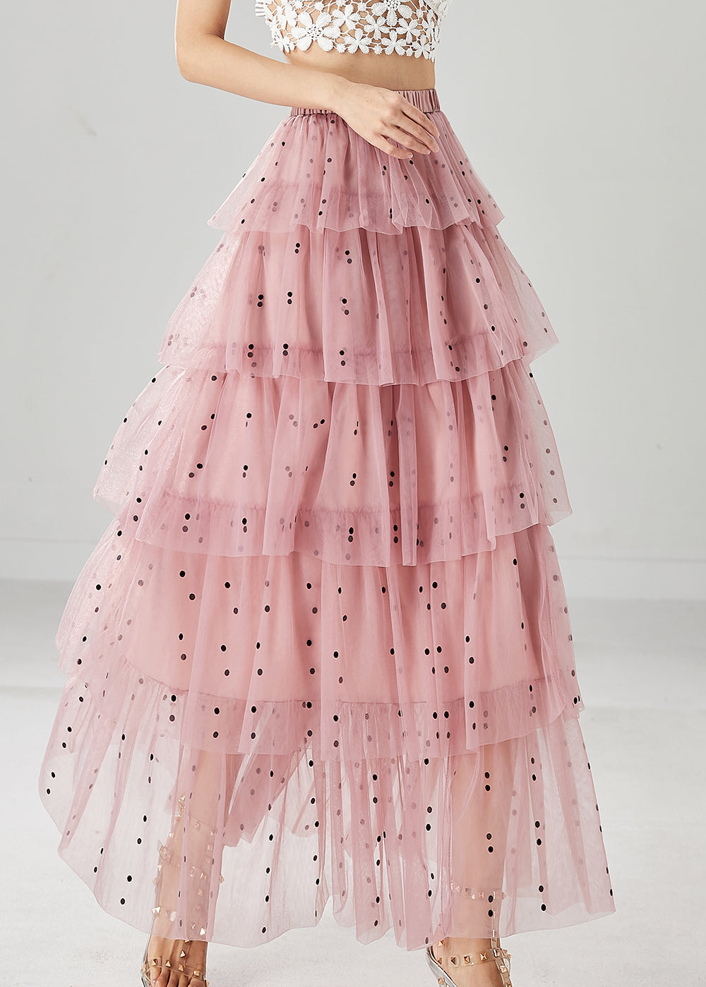 Stylish Pink Dot Print Layered Tulle A Line Skirts Fall