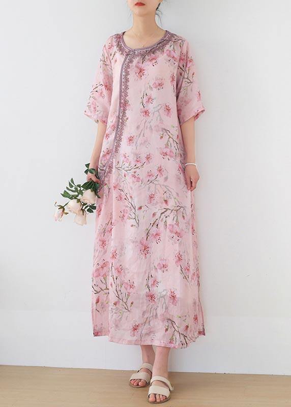 Stylish Pink Print Floral Oriental Summer Linen Dress