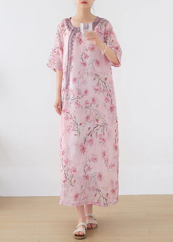 Stylish Pink Print Floral Oriental Summer Linen Dress