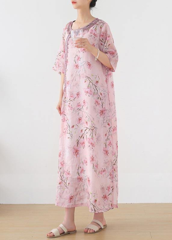 Stylish Pink Print Floral Oriental Summer Linen Dress