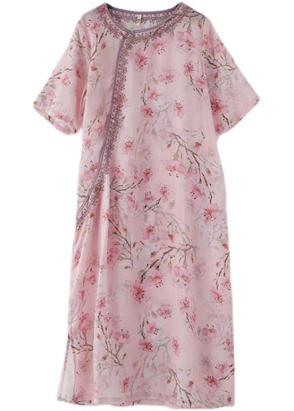 Stylish Pink Print Floral Oriental Summer Linen Dress