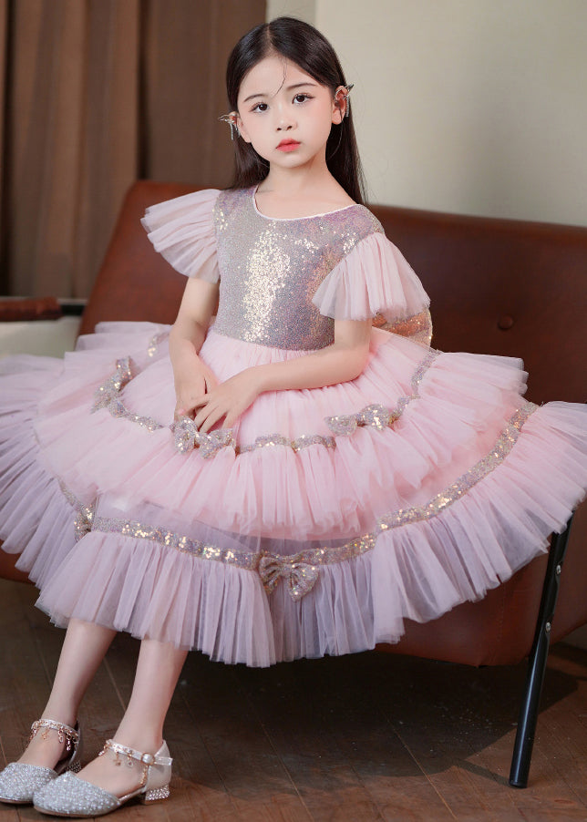 Stylish Pink Sequins Patchwork Bow Exra Large Hem Tulle Baby Girls Maxi Dresses Summer