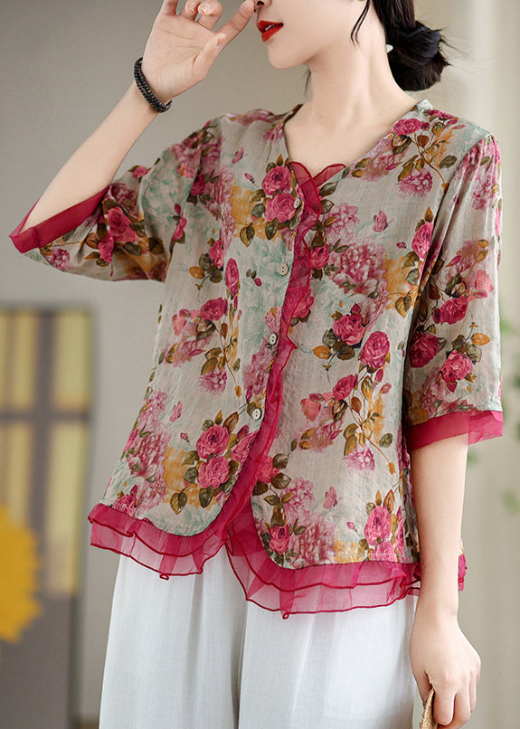 Stylish Red Floral Patchwork Organza Linen Shirts Summer