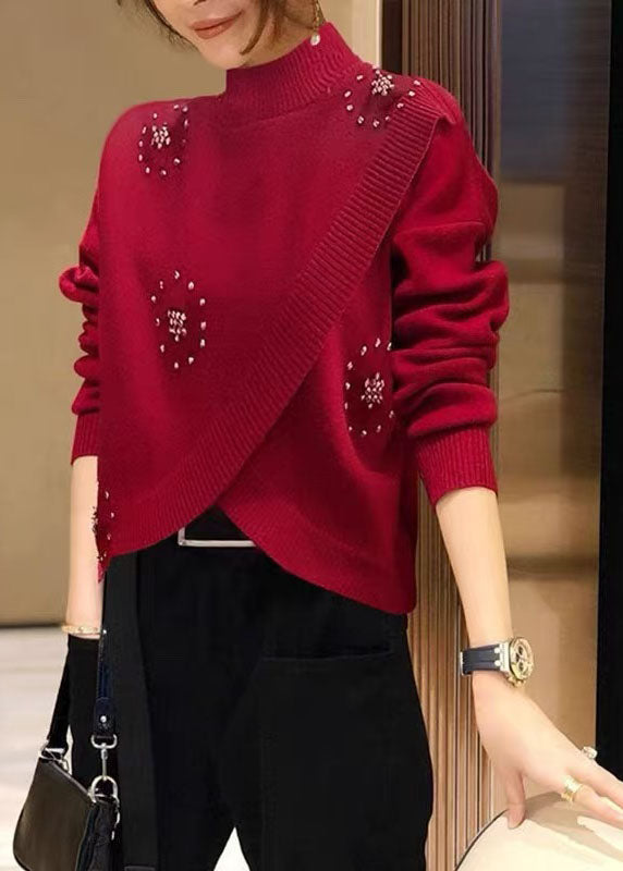 Stylish Red Hign Neck Nail Bead Woolen Knit Pullover Spring