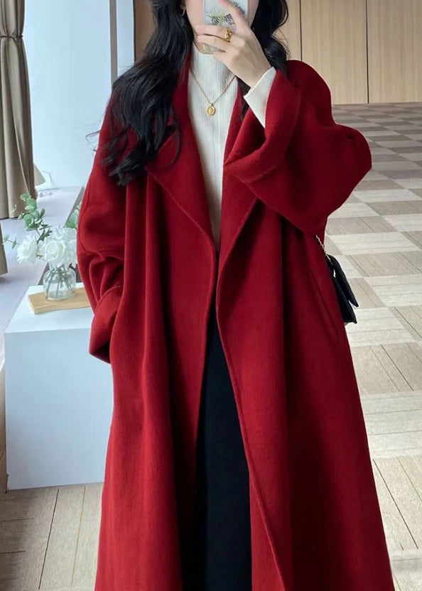 Stylish Red Peter Pan Collar Pockets Woolen Wrap Coat Winter