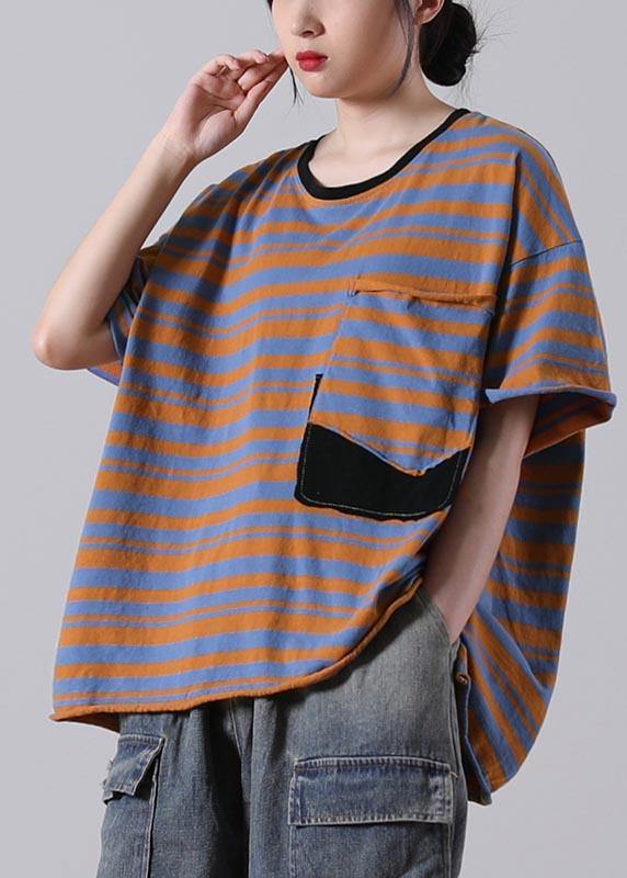 Stylish Red Striped O-Neck Cotton Summer Tops