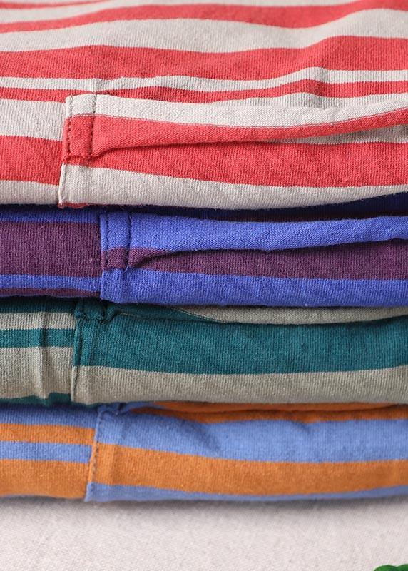 Stylish Red Striped O-Neck Cotton Summer Tops