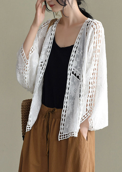 Stylish White Hollow Out Embroideried Loose Cardigans Batwing Sleeve