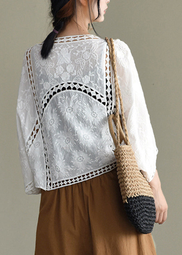 Stylish White Hollow Out Embroideried Loose Cardigans Batwing Sleeve