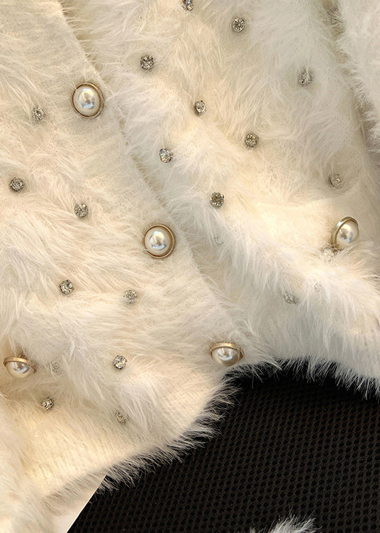 Stylish White Zircon Warm Fuzzy Fur Fluffy Cardigan Spring