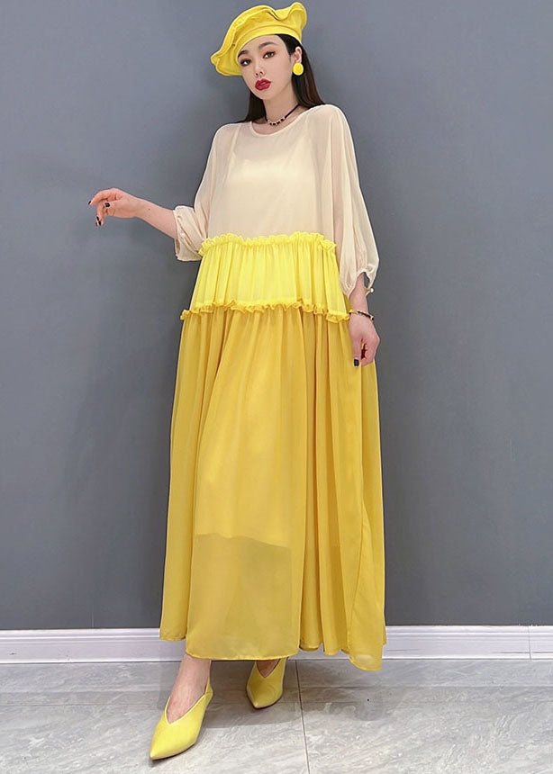 Stylish Yellow Colorblock Ruffled Patchwork Chiffon Long Dress Batwing Sleeve