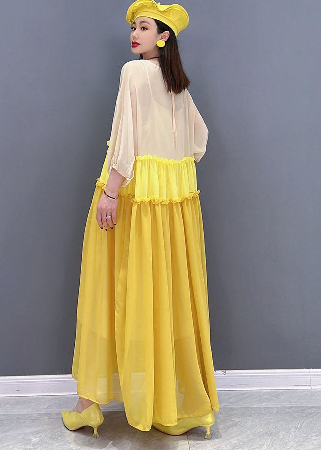 Stylish Yellow Colorblock Ruffled Patchwork Chiffon Long Dress Batwing Sleeve