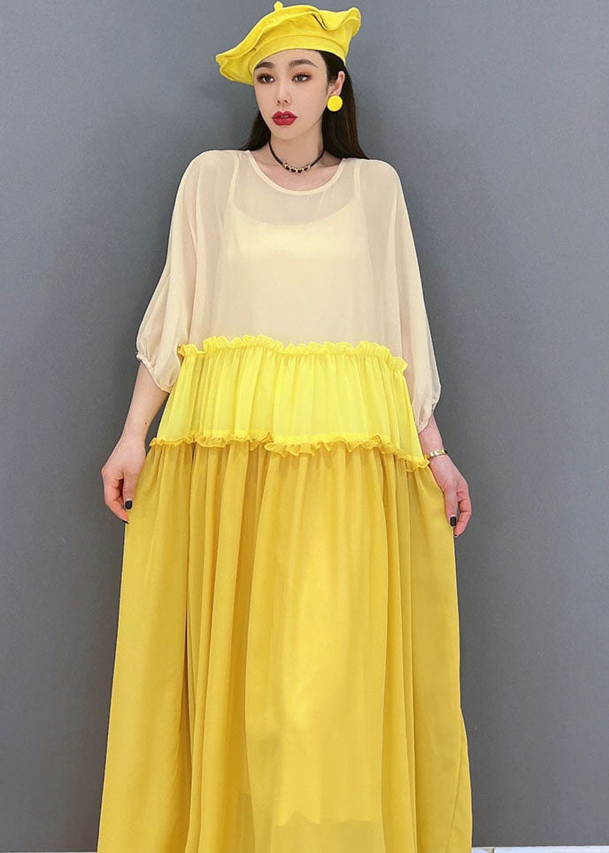 Stylish Yellow Colorblock Ruffled Patchwork Chiffon Long Dress Batwing Sleeve