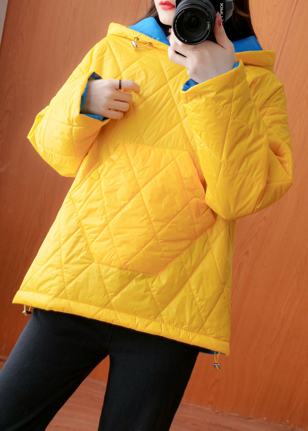 Stylish Yellow Hooded Pockets Fine Cotton Filled Pullover Winter Coat