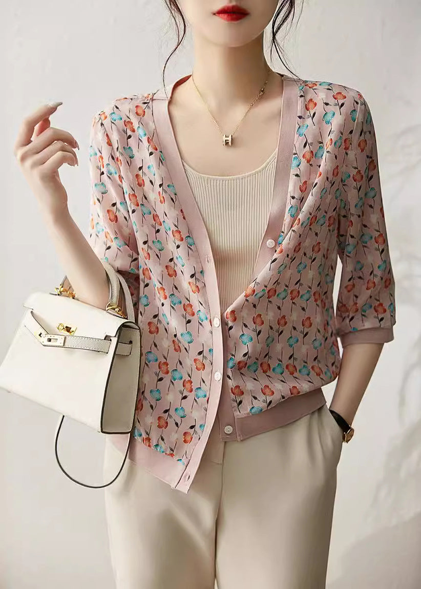 Stylish Yellow V Neck Jacquard Ice Silk Knit Cardigan Summer