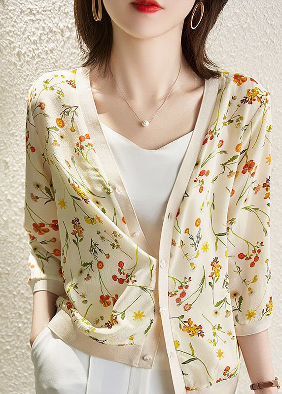 Stylish Yellow V Neck Jacquard Ice Silk Knit Cardigan Summer