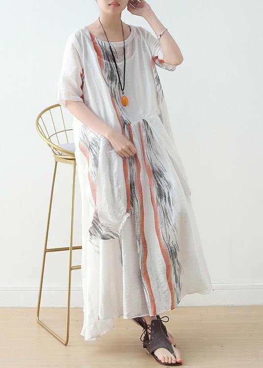 Summer Women White Chiffon Print O Neck Dress