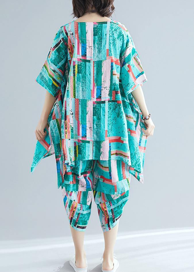 Summer dress women's art green print shirt + cotton and linen seven points casual pants