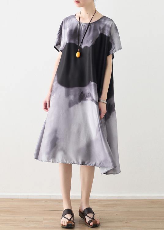 Summer new loose large size retro temperament gray ink printing chiffon fragrant cloud forging dress