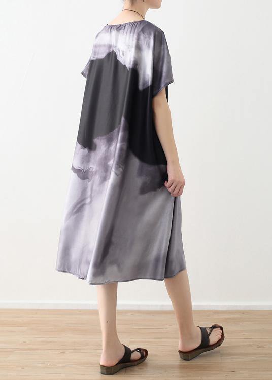 Summer new loose large size retro temperament gray ink printing chiffon fragrant cloud forging dress