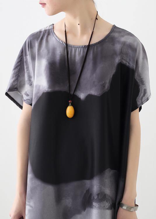 Summer new loose large size retro temperament gray ink printing chiffon fragrant cloud forging dress