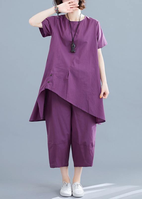 Summer new loose large size women's purple fashion irregular short-sleeved shirt + pants casual cotton and linen