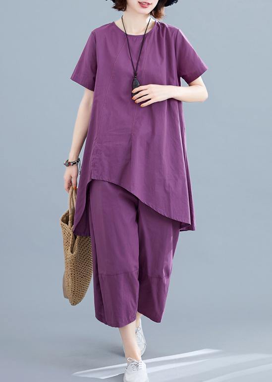 Summer new loose large size women's purple fashion irregular short-sleeved shirt + pants casual cotton and linen