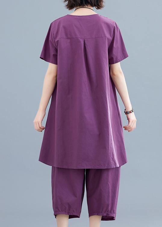 Summer new loose large size women's purple fashion irregular short-sleeved shirt + pants casual cotton and linen