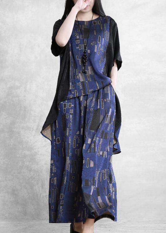 Summer new stitching suit wide irregular ethnic blue printing two-piece