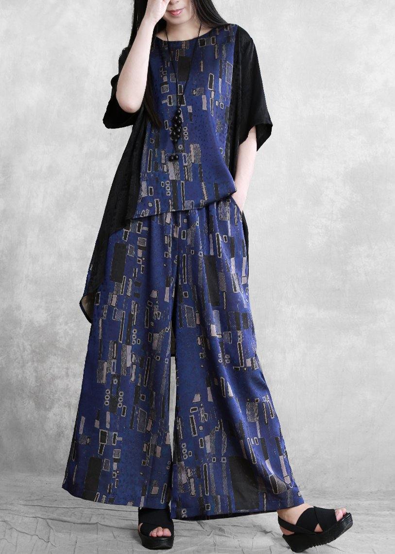 Summer new stitching suit wide irregular ethnic blue printing two-piece