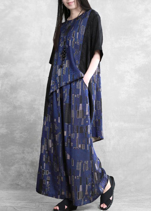 Summer new stitching suit wide irregular ethnic blue printing two-piece