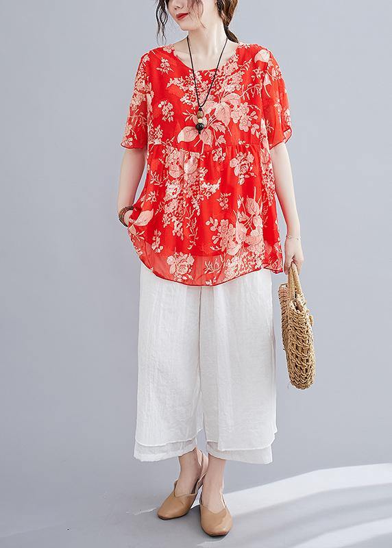 Summer red small floral cotton and linen top + wide-leg pants suit