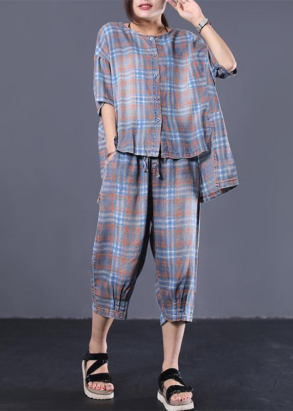 Summer retro plaid casual shirt denim two pieces