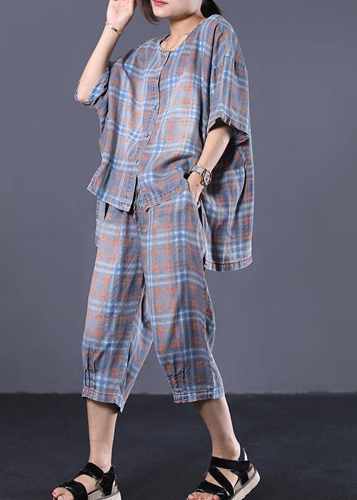 Summer retro plaid casual shirt denim two pieces