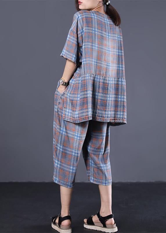 Summer retro plaid casual shirt denim two pieces