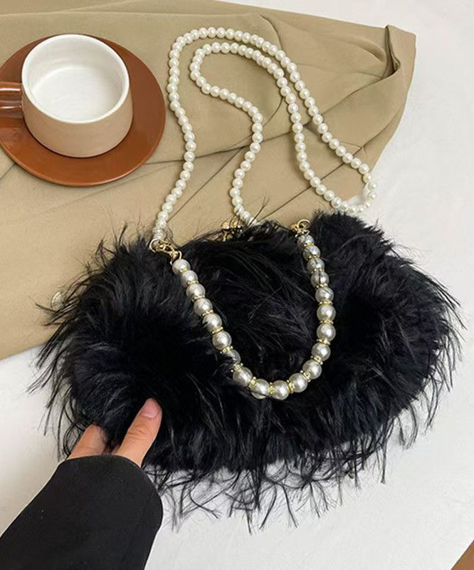 Sweet Rose Pearl Tassel Feather Fuzzy Fur Tote Handbag