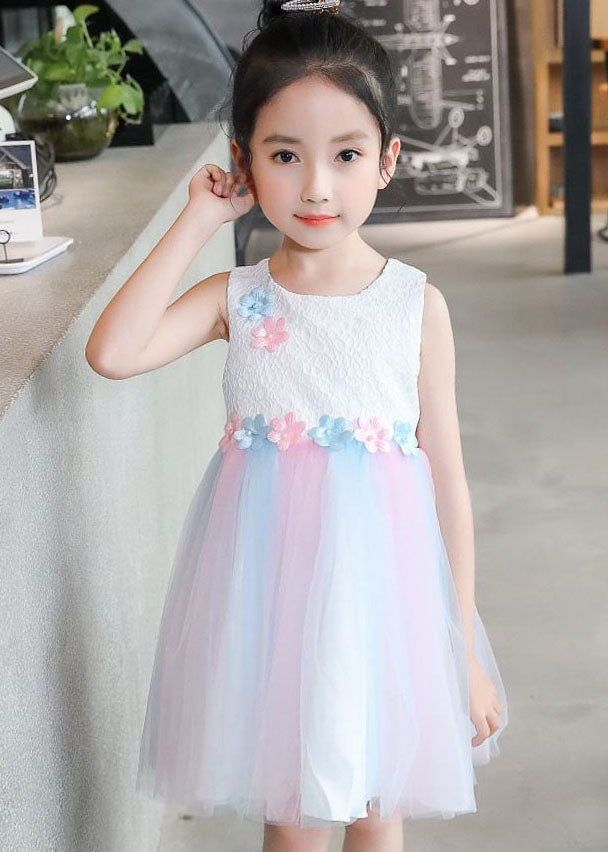 Sweet White Floral Wrinkled Patchwork Tulle Baby Girls Princess Dress Sleeveless