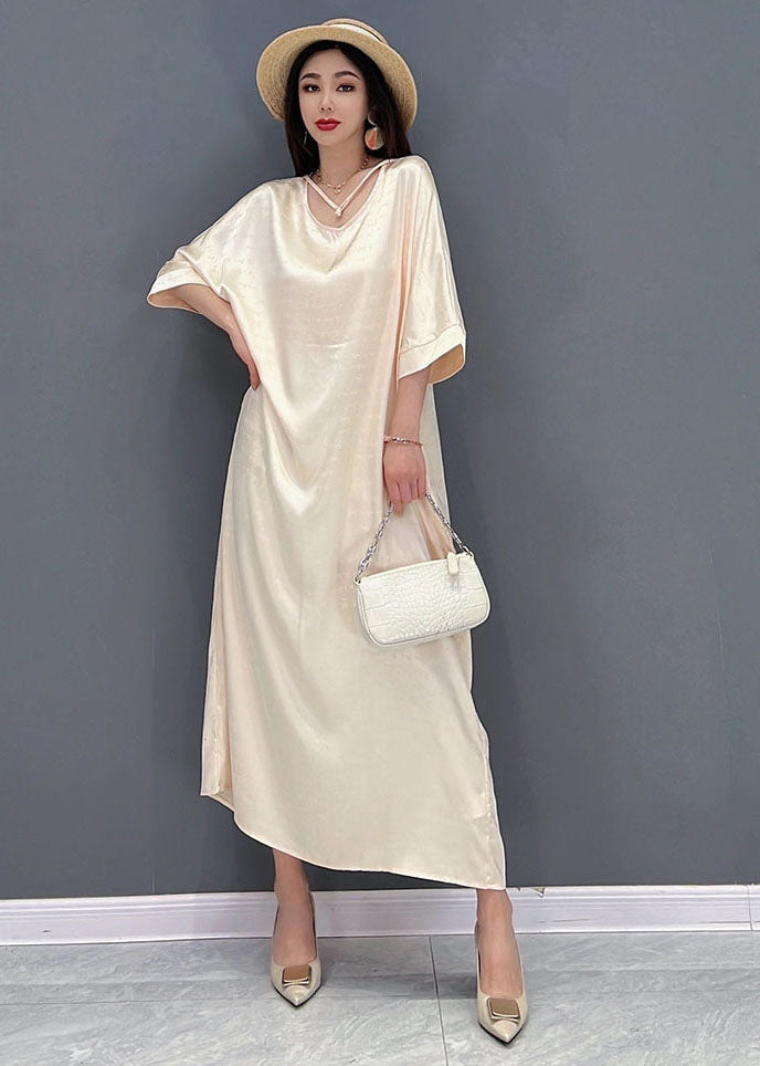 2025 Beige O-Neck Oversized Tie Waist Silk Long Dress Half Sleeve