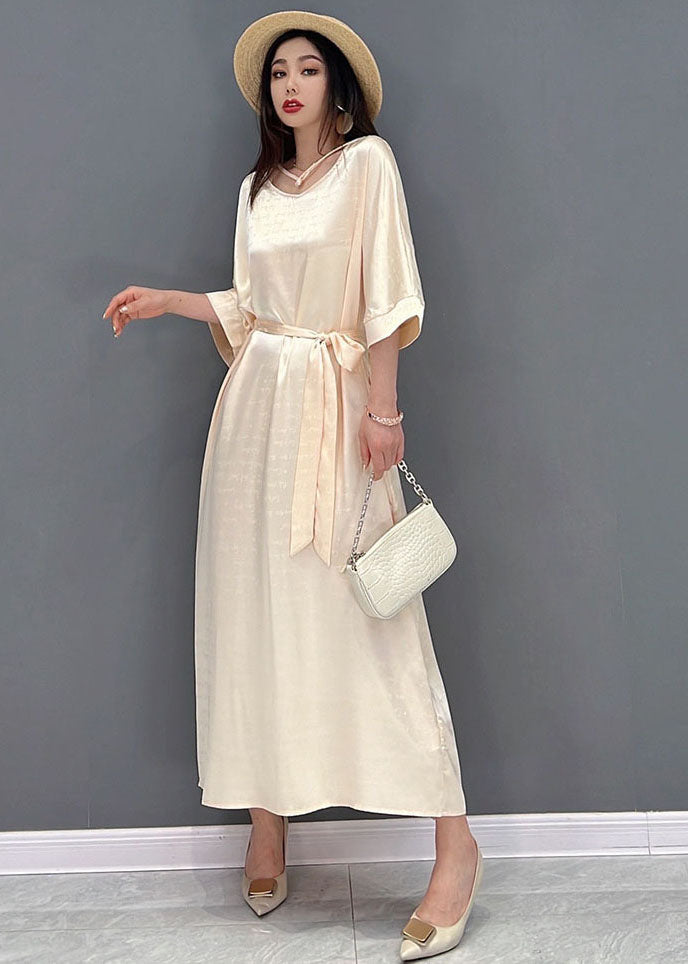 2025 Beige O-Neck Oversized Tie Waist Silk Long Dress Half Sleeve