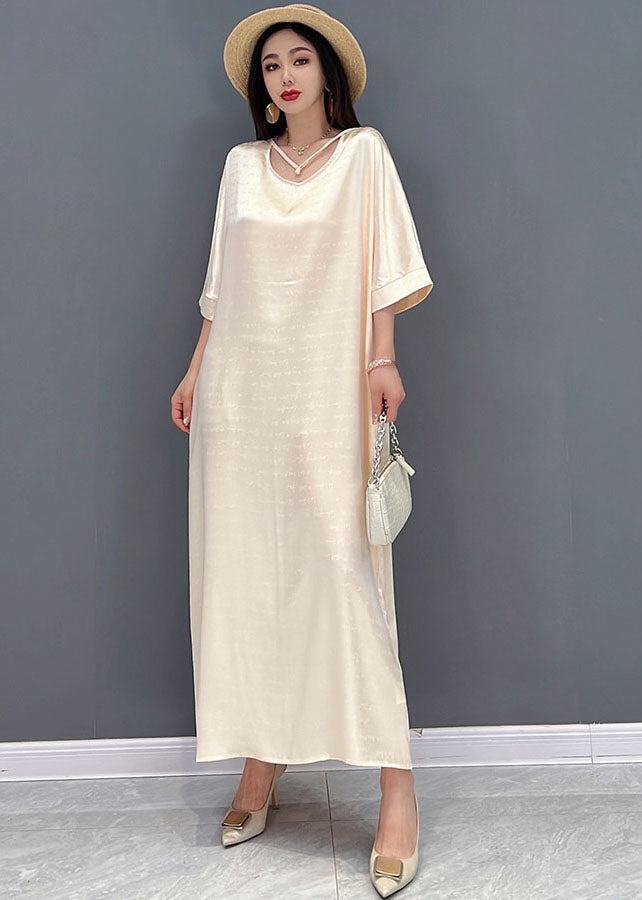 2025 Beige O-Neck Oversized Tie Waist Silk Long Dress Half Sleeve