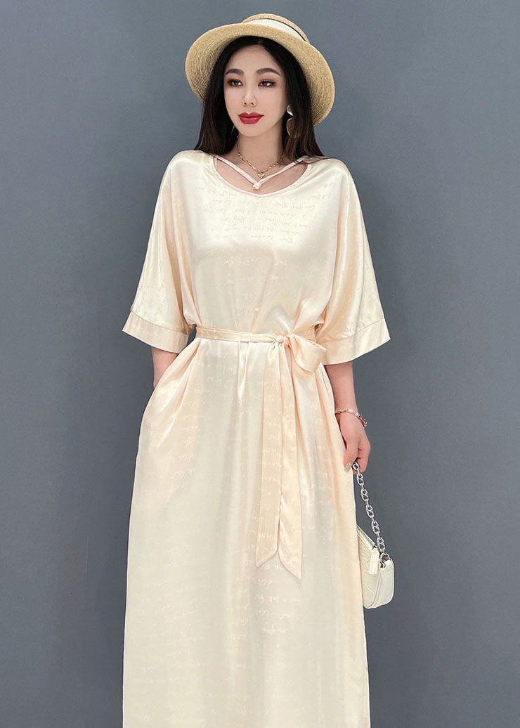 2025 Beige O-Neck Oversized Tie Waist Silk Long Dress Half Sleeve