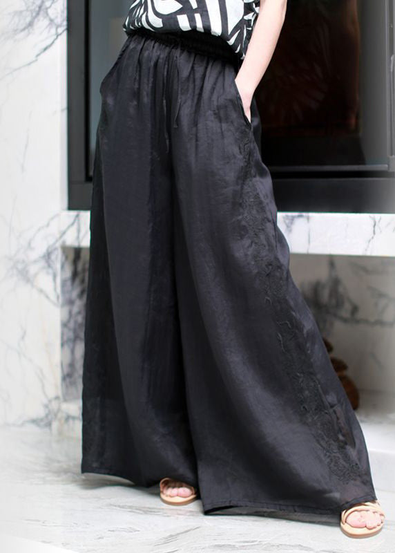 Top Quality Black Pockets Elastic Waist Thin Linen Wide Leg Pants Spring