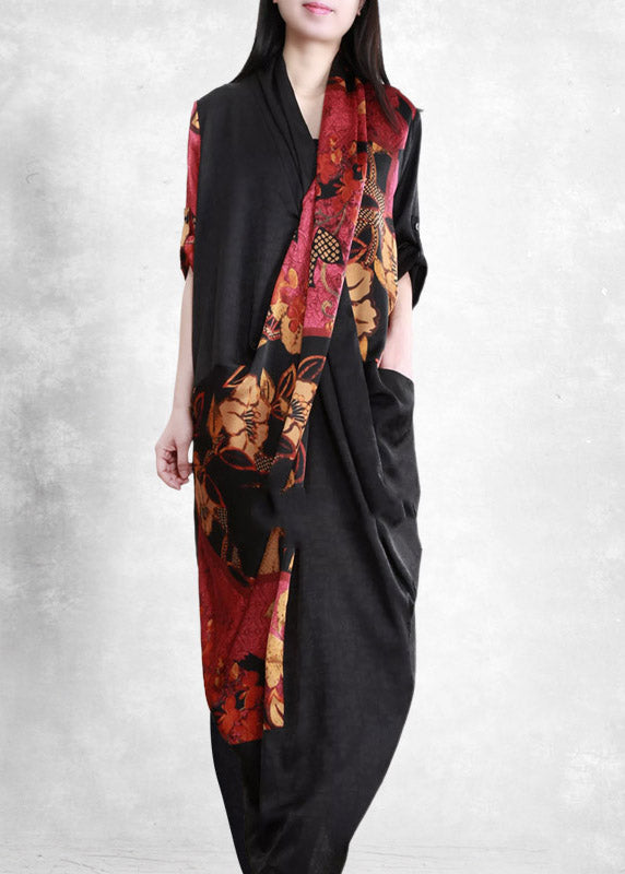 2025 Black Red V Neck Asymmetrical Print wrinkled Pockets Silk Dress Half Sleeve