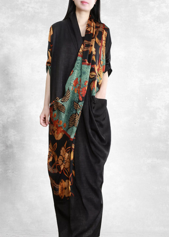 2025 Black Red V Neck Asymmetrical Print wrinkled Pockets Silk Dress Half Sleeve