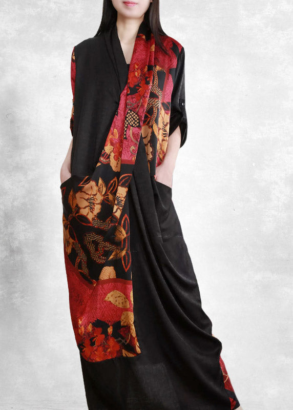 2025 Black Red V Neck Asymmetrical Print wrinkled Pockets Silk Dress Half Sleeve