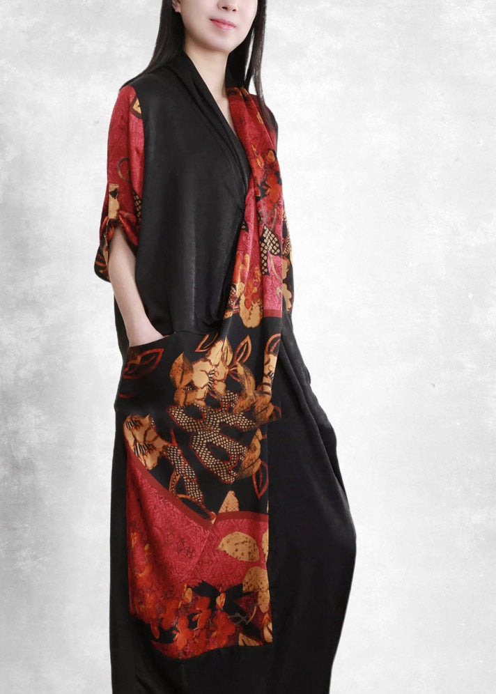 2025 Black Red V Neck Asymmetrical Print wrinkled Pockets Silk Dress Half Sleeve