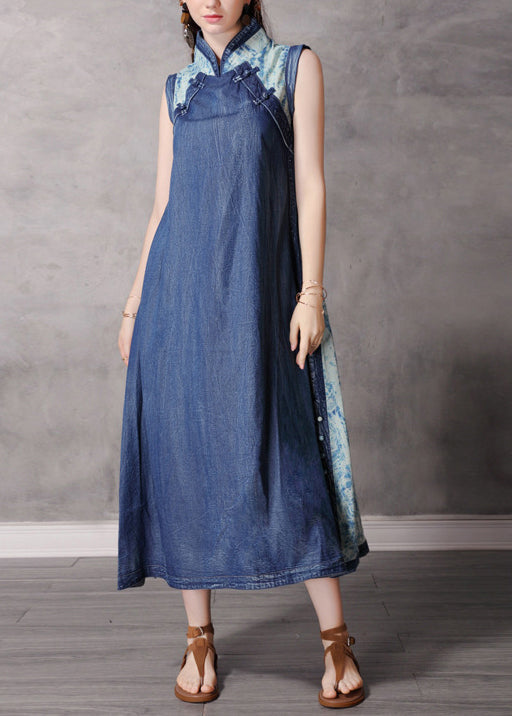 2025 Blue Stand Collar Button Patchwork Long Denim Dress Sleeveless